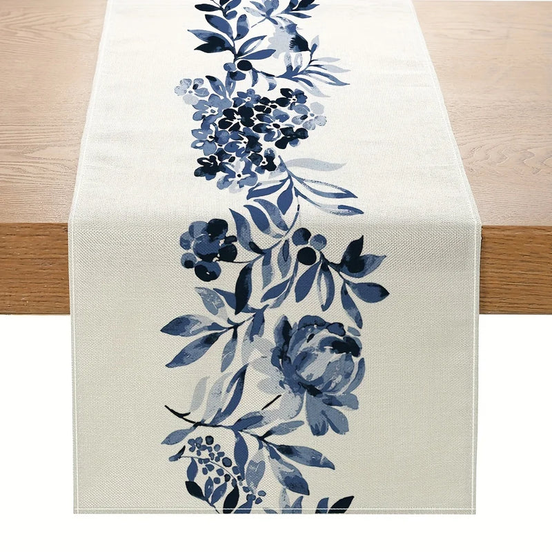 BloomLoom | Boho Tischläufer | Leinen mit blauen Blumen | 150–200 × 33 cm
