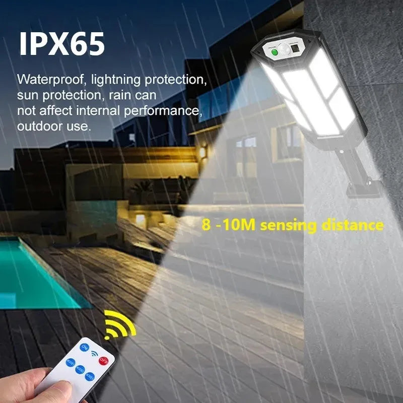 LUXARIS ProSolar 9900LM | Ultrastarkes Solarlicht mit Bewegungsmelder & Fernbedienung | 11000 mAh Akku | IPX6 Wetterfest