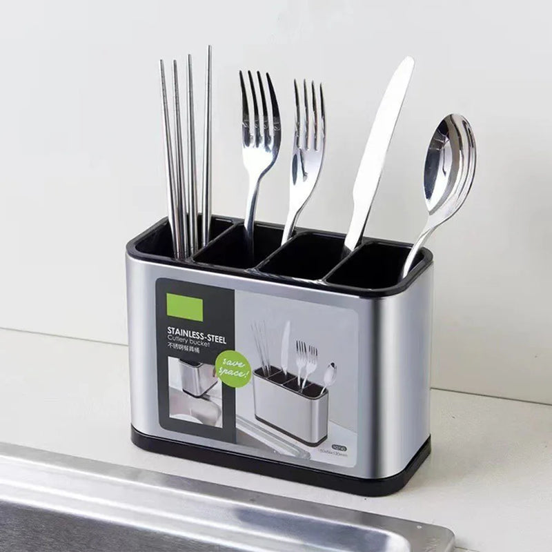 Silvario Besteckhalter aus Edelstahl | Mit Abtropfbehälter & Standfuß | Küchenorganizer für Löffel, Gabeln & Messer | 12 × 10 cm