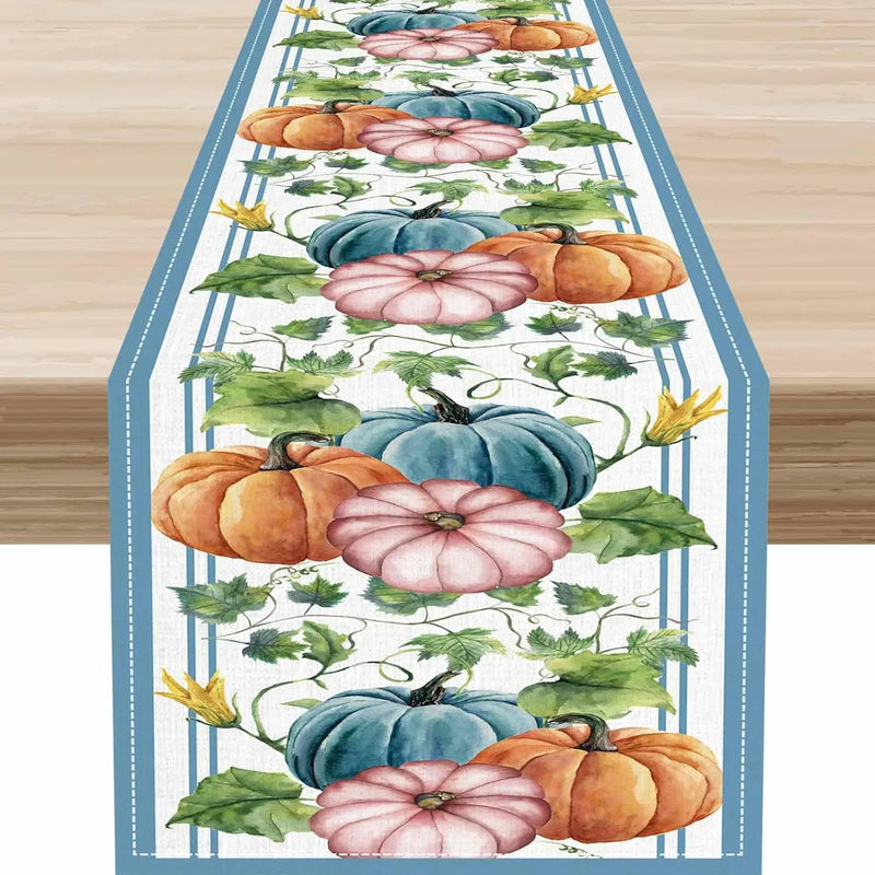 Herbst-Tischläufer AutumnGrace | Leinenoptik mit Kürbis- & Blättermotiv | Für Erntedank, Küche & Festtafel