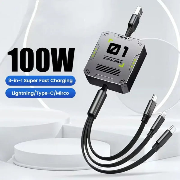 3-in-1 Ladekabel | Schnellladung 100W | Ausziehbar & Universell | FlexiCharge für iPhone, Android & USB-C
