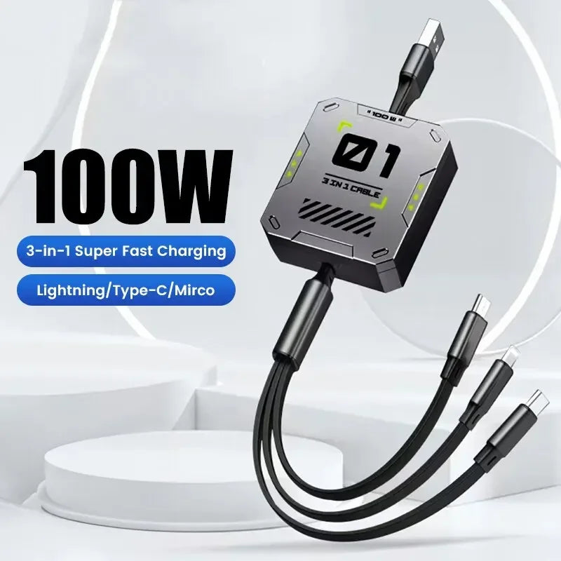 3-in-1 Ladekabel | Schnellladung 100W | Ausziehbar & Universell | FlexiCharge für iPhone, Android & USB-C