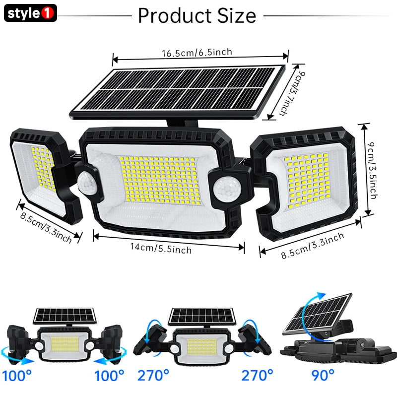 SecuSolar MaxView 167 Solar Sicherheitsstrahler 167 LEDs | 3 Schwenkbare Köpfe | Bewegungsmelder & 3 Leuchtmodi | IP65 Wasserdicht | 2200 Lumen