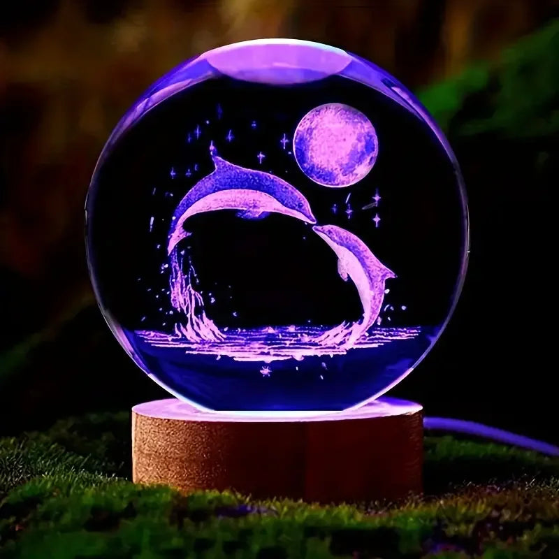 Mariluna Kristallkugel Delfin | 3D-Lasergravur & LED-Sockel | Mond- & Meeresmotiv