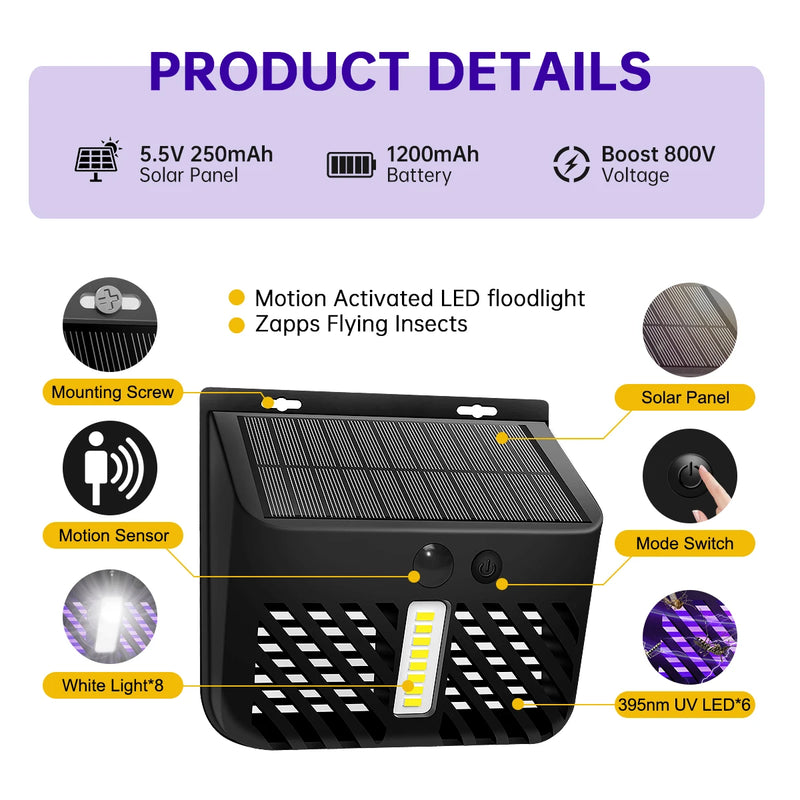 SolarGuard | Solar-Insektenvernichter mit LED-Licht | UV-Mückenfalle für Garten & Terrasse | 2 Betriebsmodi | Wasserdicht