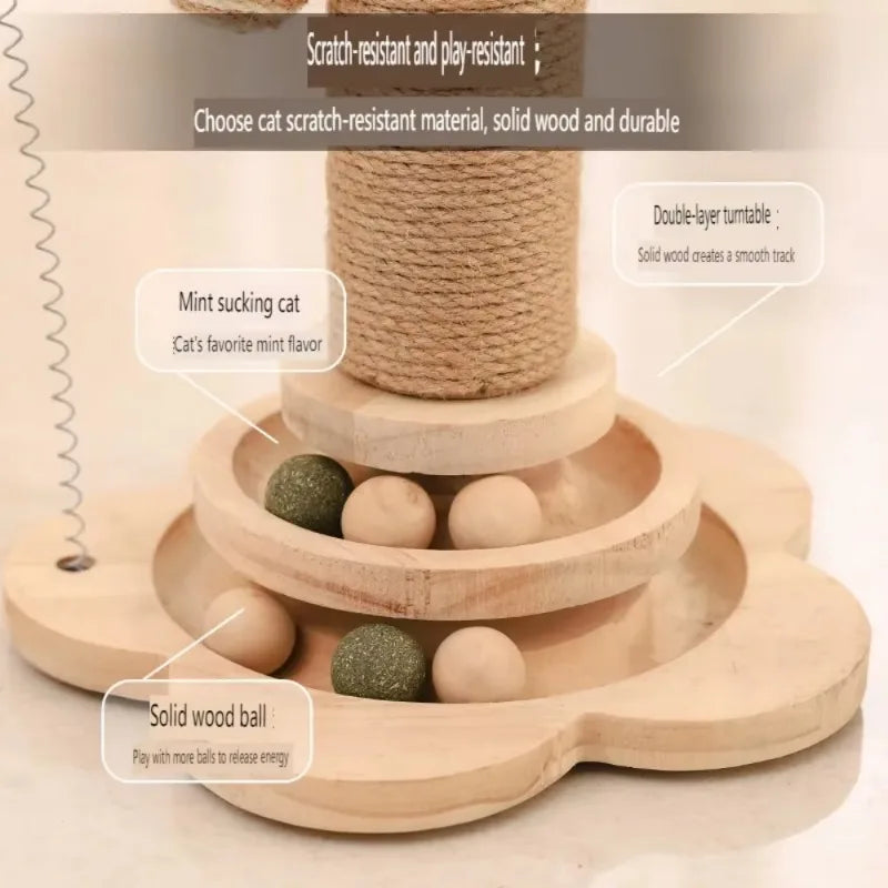 KratziFun | Sisal-Kratzbrett mit Drehscheibe & Spielbällen | Massivholz Katzen-Spielzeug | Kratzbrett & Kletterrahmen in einem | 40 × 24 cm