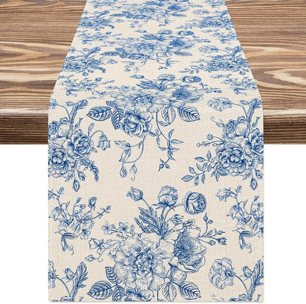 LinoBloom | Tischläufer Leinen | Chinoiserie Blau-Blumen Design | Waschbar & Wiederverwendbar | 150/180/200 × 33 cm