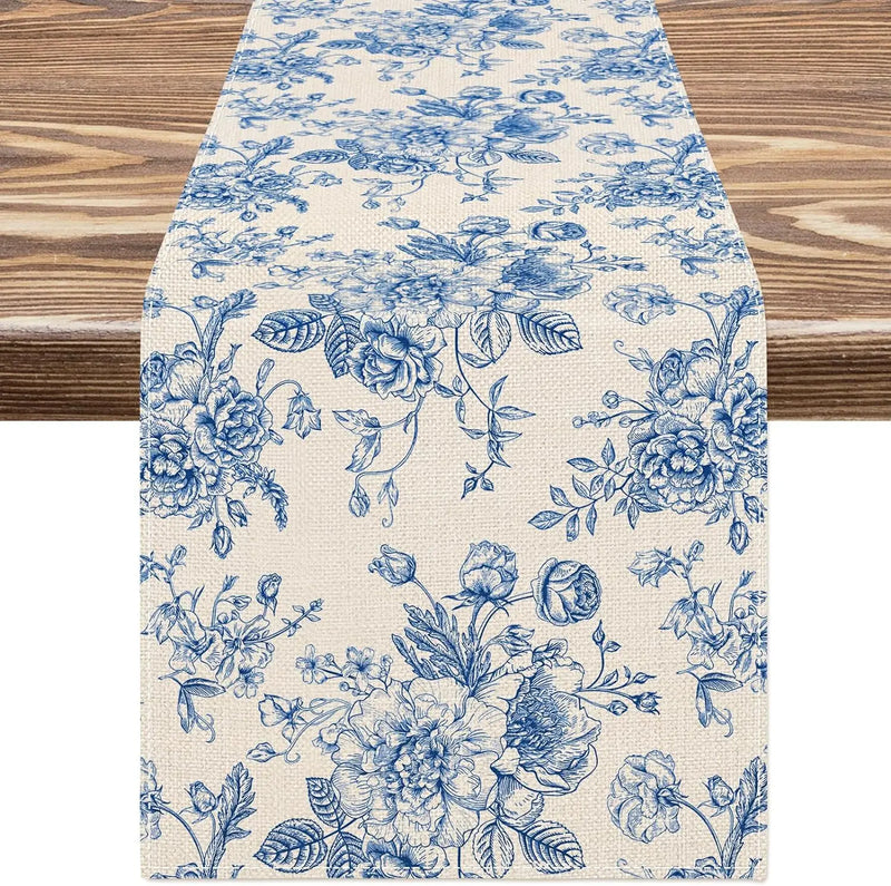 LinoBloom | Tischläufer Leinen | Chinoiserie Blau-Blumen Design | Waschbar & Wiederverwendbar | 150/180/200 × 33 cm