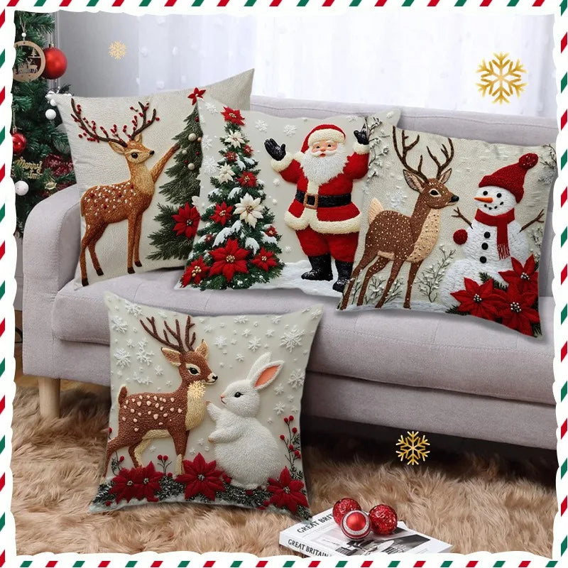Jolivine | Weihnachtlicher Kissenbezug 45×45 cm | Rentier, Schneemann & Weihnachtsmann | Kuschelig & Waschbar | Deko für Sofa & Bett