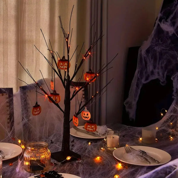 Halloween-Baum SpookyBirch | 24 LED Birkenbaum mit Schwarzästen | Orange & Lila Licht | Tischdeko für Halloween