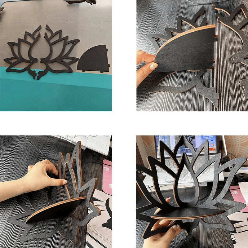 Holumina Boho-Eckregal aus Holz | Lotus-Design mit Hohlschnitt | Für Kristalle & Deko | Schwarz