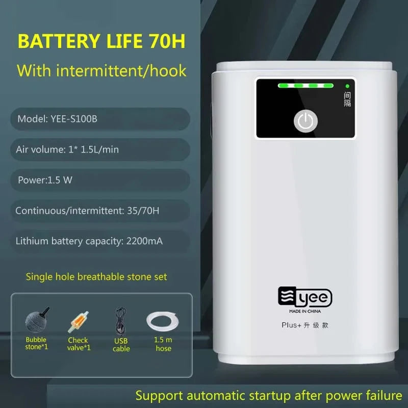 AquaLino SmartOxy Wiederaufladbare Sauerstoffpumpe für Aquarium & Outdoor | Leise Luftpumpe mit Akku & USB | Automatischer AC/DC-Wechsel & LED-Anzeige
