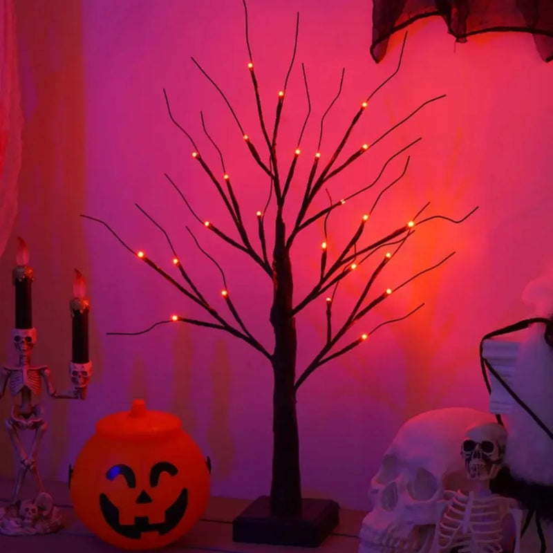 Halloween-Baum SpookyBirch | 24 LED Birkenbaum mit Schwarzästen | Orange & Lila Licht | Tischdeko für Halloween