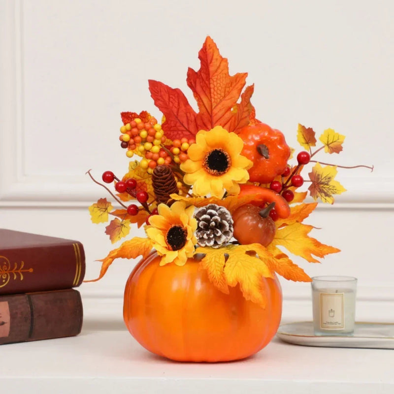 HerbstZauber | Dekokürbis mit Kunstblumen | 25–30 cm | Herbst- & Halloween-Deko