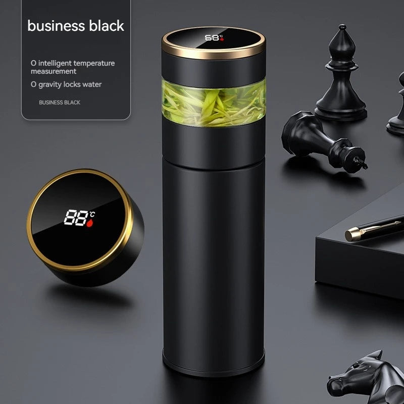 ThermoBrew | Isolierflasche mit LED-Temperaturanzeige & Teesieb | 450 ml | Edelstahl 304 | Schwarz