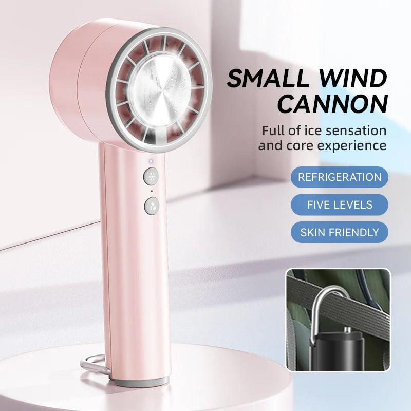 Brisano AirCool Mini Handventilator mit Kühlfunktion | 5 Geschwindigkeiten | LED-Display & USB-Aufladung | Leise & Tragbar | Für Reisen, Büro & Outdoor