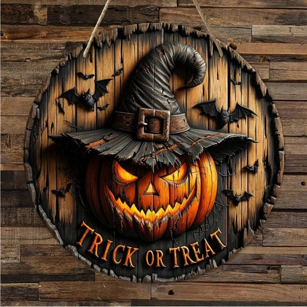 PumpkinHollow Retro Halloween Holzkranz mit Kürbiskopf | Retro-Design | Handgefertigte Hängedeko für Haus & Garten