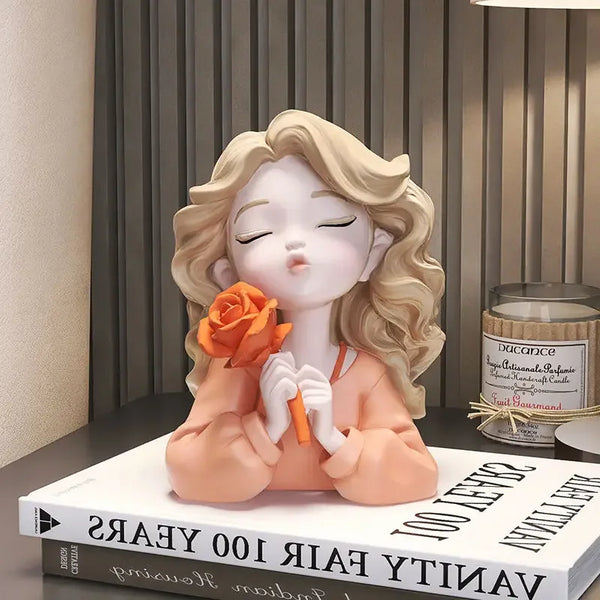 Florina Grace | Dekorative Figur Mädchen mit Blume | Harzstatue | Elegante Wohnaccessoire & Geschenkidee