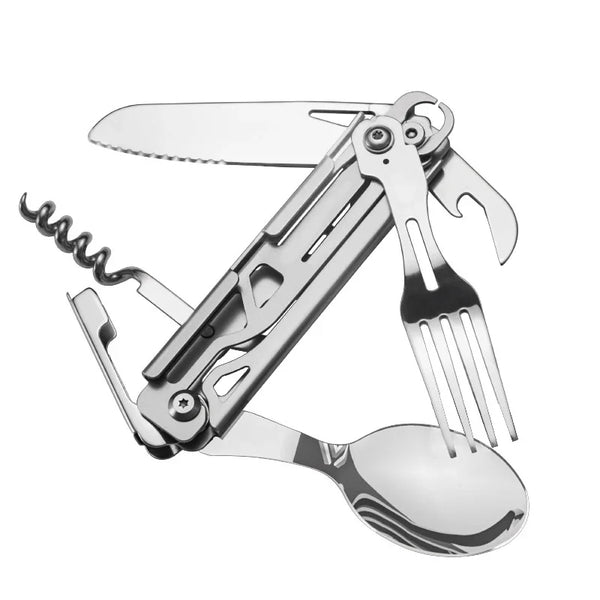 GearSpork Outdoor-Besteck 6-in-1 | Klappbares Multifunktionsbesteck aus Edelstahl | Messer, Gabel, Löffel, Dosenöffner & Flaschenöffner | Für Camping & Trekking