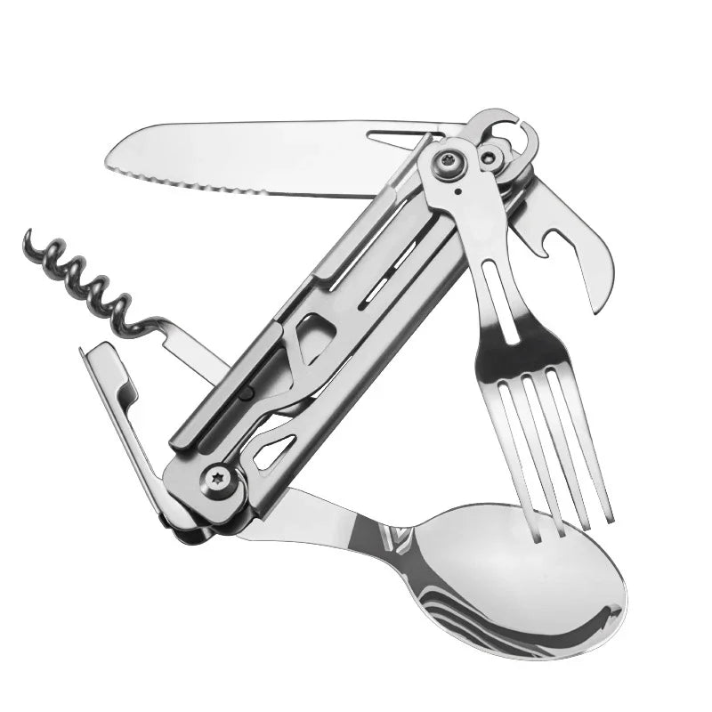 GearSpork Outdoor-Besteck 6-in-1 | Klappbares Multifunktionsbesteck aus Edelstahl | Messer, Gabel, Löffel, Dosenöffner & Flaschenöffner | Für Camping & Trekking