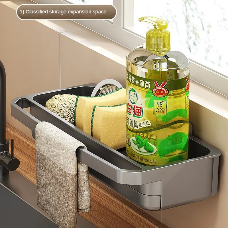 Spülenorganizer AquaNest | Selbstentwässerndes Regal | Für Schwamm, Spülmittel & Tuch | Verstellbar & Hygienisch