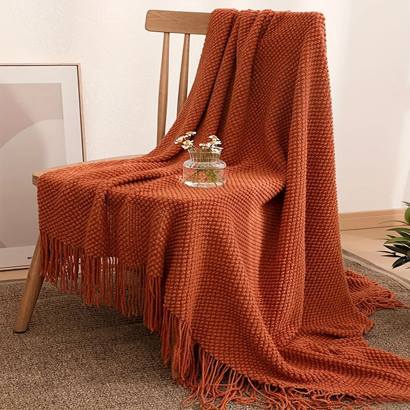 Aurelia Cozy  Quasten-Strickdecke in Morandi-Orange | Weich & Wärmend | 3 Größen | Für Sofa, Bett & Reisen