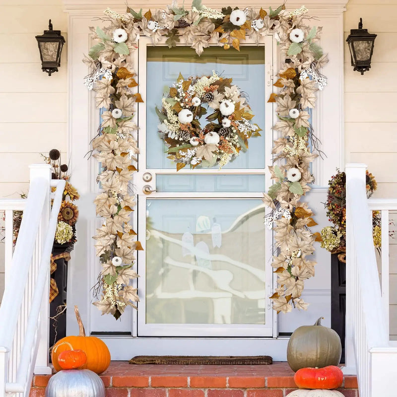 Herbstgirlande AutumnGrace | 175 cm Ahornblätter mit Kürbissen & Beeren | Deko für Halloween, Thanksgiving & Erntedank