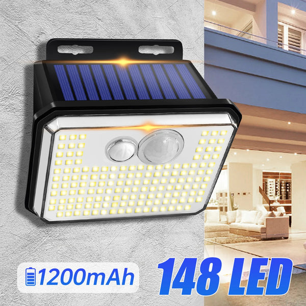 Solentra Solar Wandleuchte Außen mit Bewegungsmelder | 148 LEDs | IP65 Wasserdicht | 3 Modi | Superhell & Kabellos