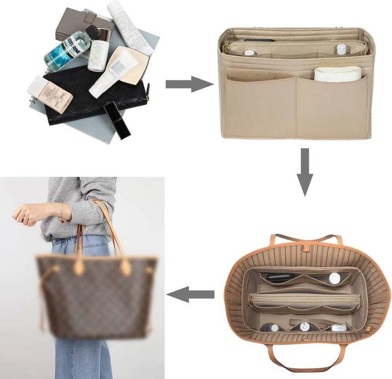 TaschenLuxe Organizer Inlay | Filz-Einsatz mit Reißverschluss | 15 Fächer & Schlüsselband | Für Handtaschen & Shopper