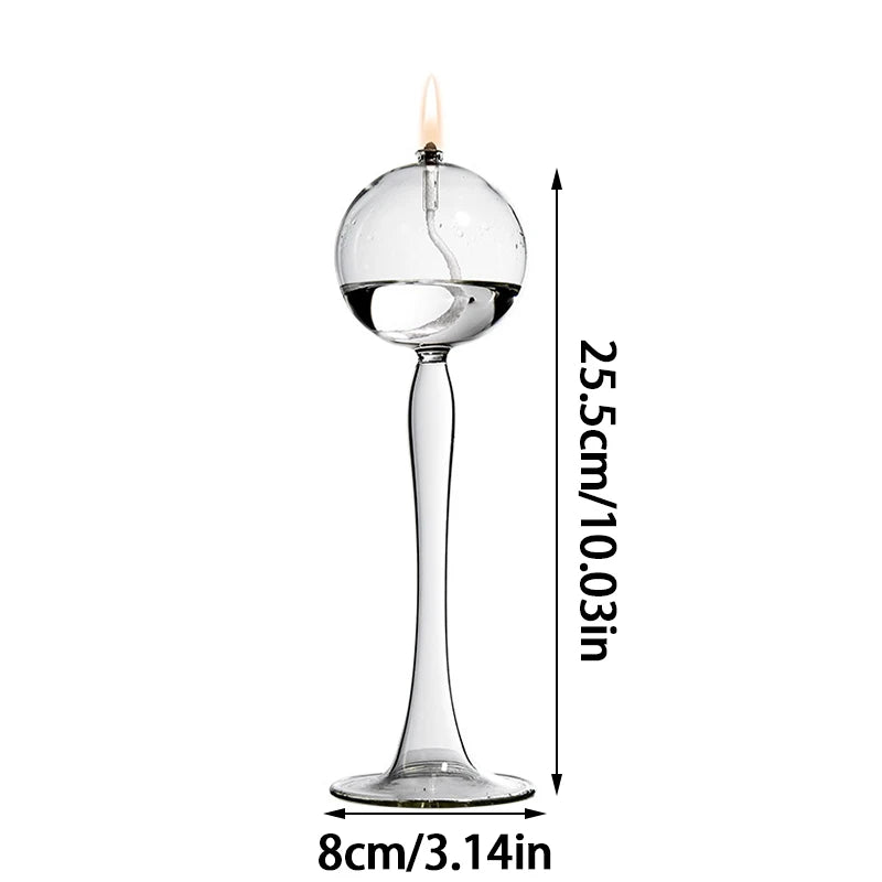 VetroLuce Öllampe | Kugelform mit hohem Fuß | Borosilikatglas Transparent | 21–25,5 cm