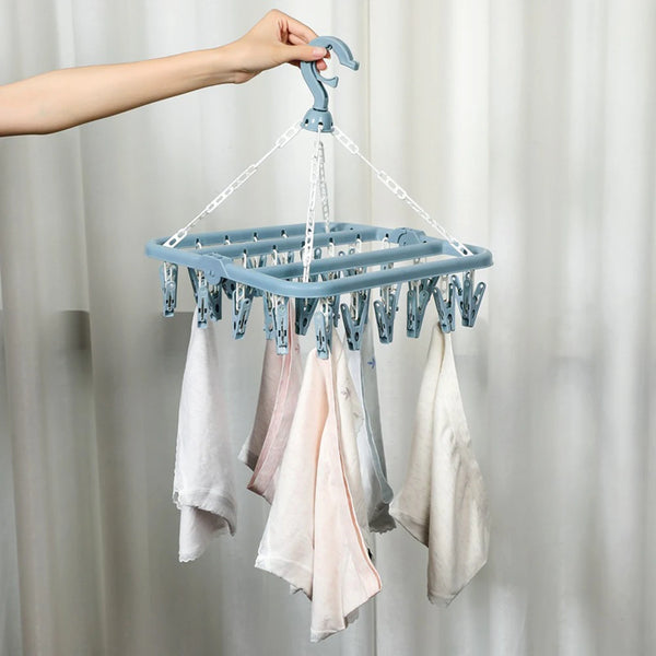 Clipano Wäschehänger mit 32 Clips | Faltbar & Windfest | Für Unterwäsche, Socken & Babywäsche | Platzsparender Trockenständer aus Kunststoff