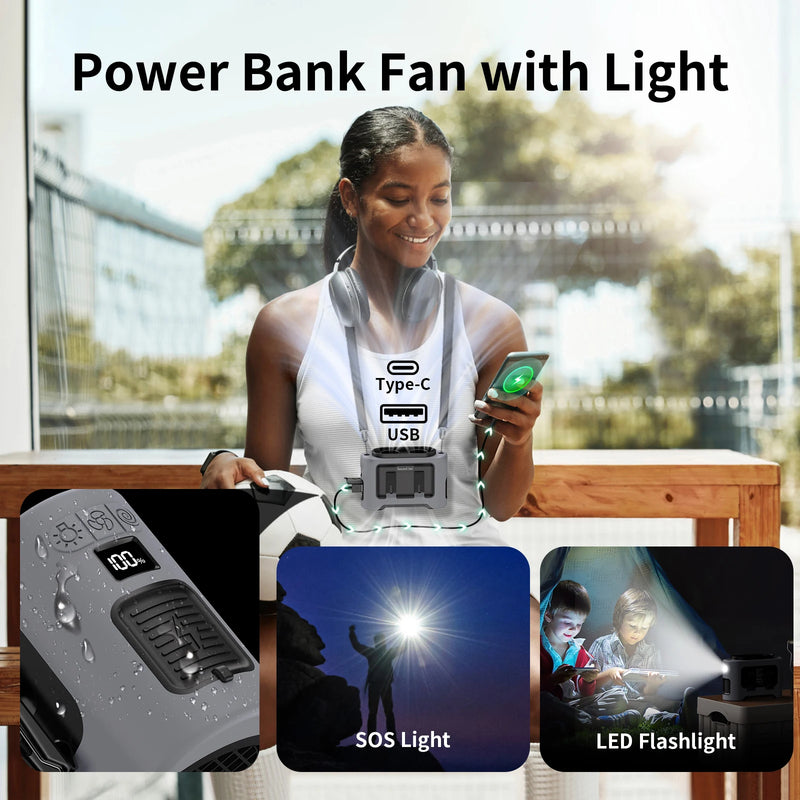 VENTREO StormClip Tragbarer Outdoor-Gürtelventilator 2025 | 5-Stufen Turbo-Wind | 360° Drehclip | Powerbank & LED-Licht