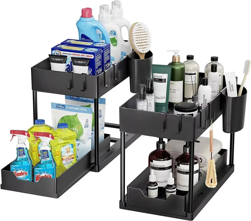 Storavera Unterschrank Organizer | 2 Etagen mit Ausziehkörben & Haken | Für Küche & Bad | Platzsparendes Aufbewahrungsregal