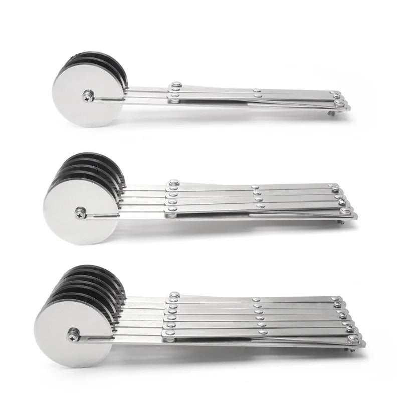 SlicePro™ Edelstahl Teigschneider | Faltbar & Verstellbar | 3–7 Räder | Perfekte Portionierung für Pizza, Gebäck & Pasta