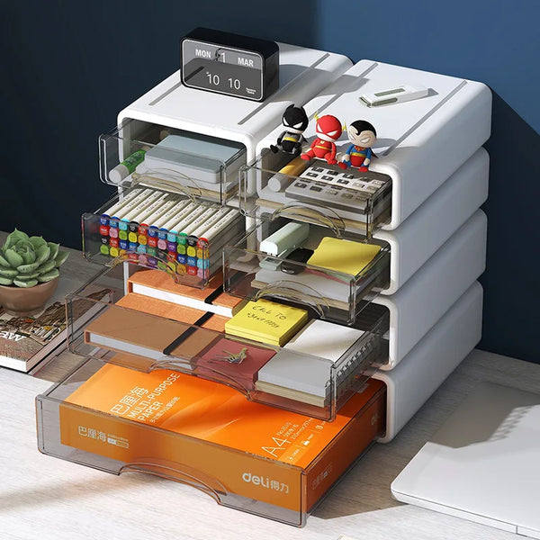 ClaryBox Aufbewahrungsbox mit Schublade | Stapelbar & Staubdicht | Für Büro, Kosmetik, Schmuck & Medizin | Weiß | Größe S/L