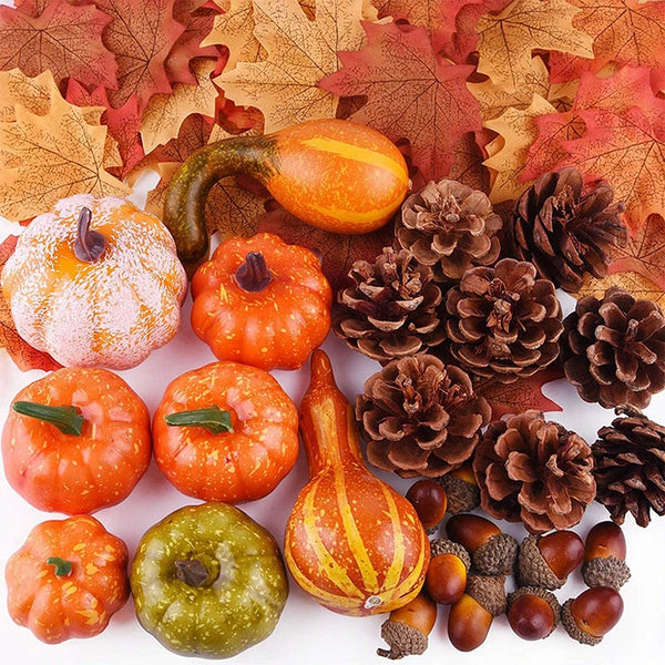 Herbst-Deko Set AutumnGlow | 50-teilig | Mini-Kürbisse, Zapfen, Eicheln & Blätter | Für Halloween & Thanksgiving