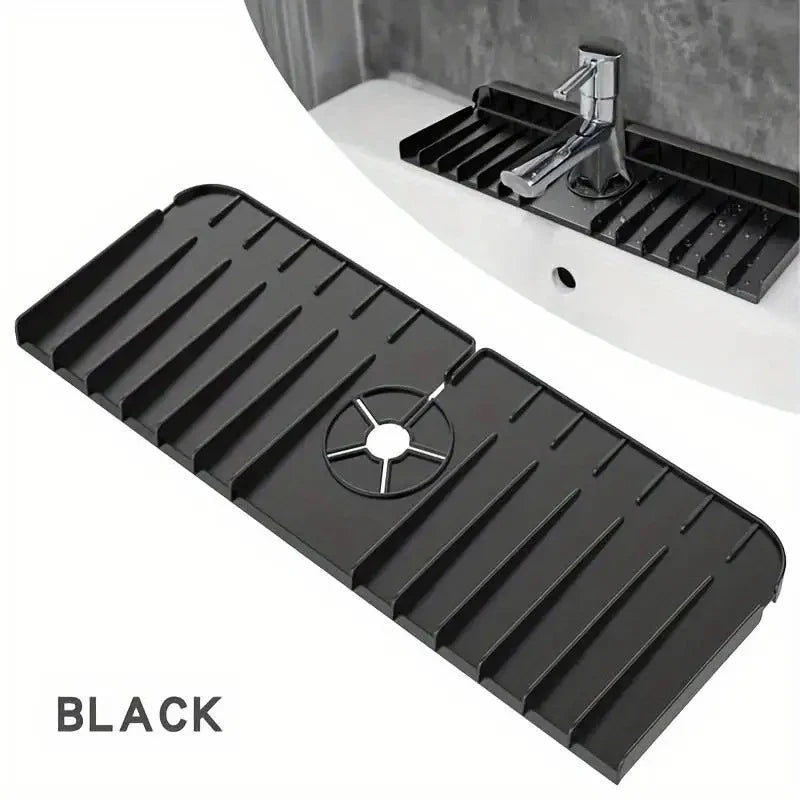 AquaGuard Pad Silikon-Wasserhahnmatte mit Abflussfunktion | Spülbecken-Spritzschutz & Ablage für Spülschwamm & Seife | 37 × 14 × 1,5 cm