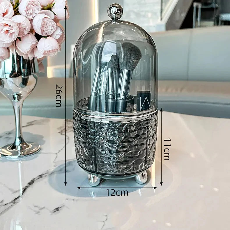 Lumora Make-up Pinsel Organizer mit Deckel | Staubdicht & Drehbar | Für Pinsel, Lippenstifte & Parfum | 360° Rotierend | Silber/Grau
