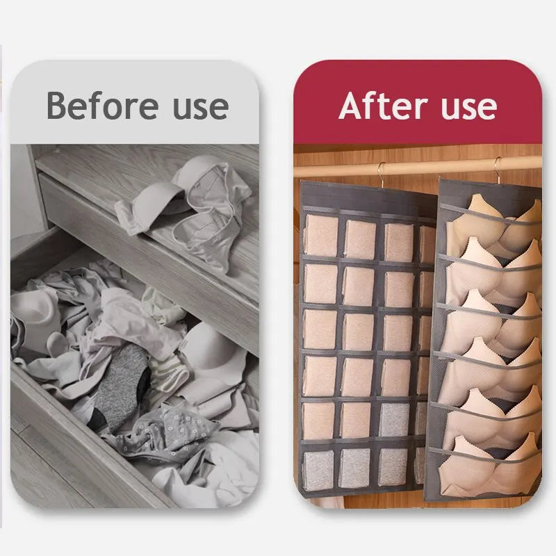 ClosetEase Unterwäsche-Organizer Hängend | Beidseitig & Faltbar | 39×78 cm | Oxford-Stoff Grau