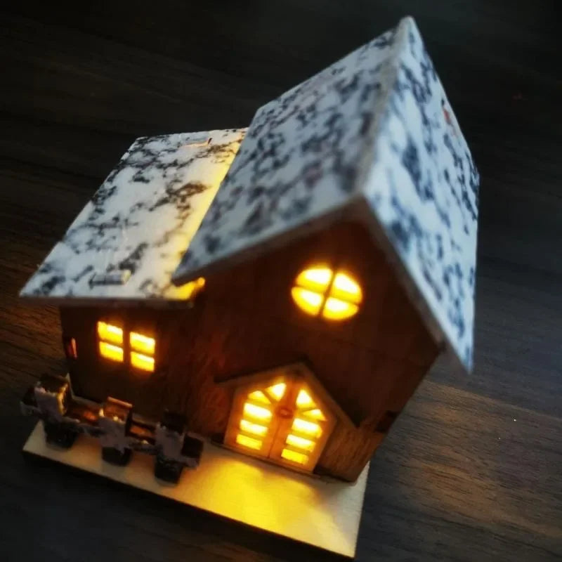 LED Holzhaus WinterLicht | Mini Weihnachtsdorf | Leuchtende Holzdeko | 8×7×9,5 cm