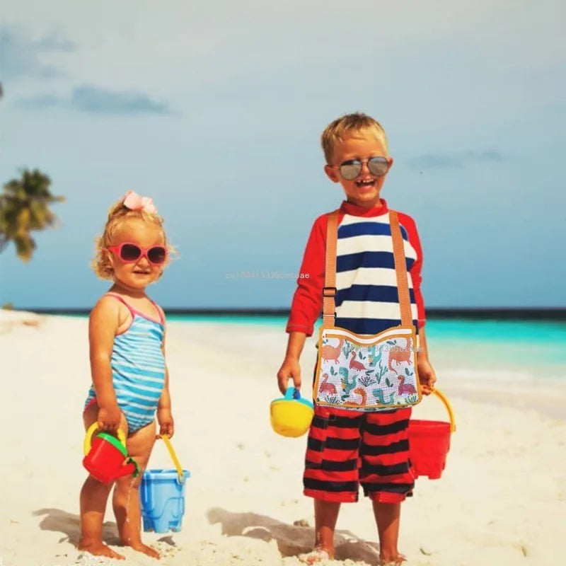 Strandolino Kids Faltbare Strandtasche für Kinder | Mesh-Tasche für Muscheln & Spielzeug | Verstellbarer Tragegurt & Reißverschluss – 25×20×10 cm