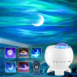 Auroria Polarlicht-Projektor | 3-in-1 Aurora, Sterne & Mond | Bluetooth Lautsprecher & Weißes Rauschen | 360° Galaxy Nachtlicht