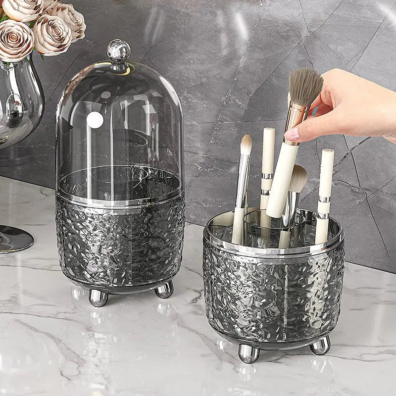 Lumora Make-up Pinsel Organizer mit Deckel | Staubdicht & Drehbar | Für Pinsel, Lippenstifte & Parfum | 360° Rotierend | Silber/Grau