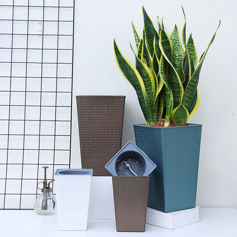 Brickora StylePot Blumentopf im Ziegelstein-Design | Rechteckig & Hoch | Selbstbewässernd mit Baumwollseil | 27,2×12×17,5 cm / 17,2×12×8,6 cm
