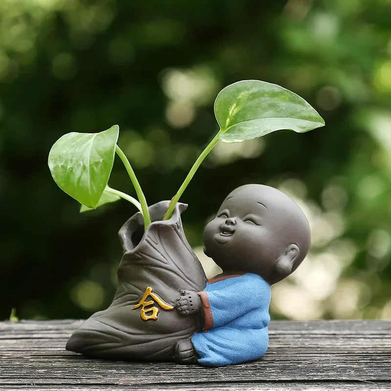 TonSegen Teetier Kleiner Mönch | Purpur-Ton | Glücksbringer & Mini-Vase | Handgefertigte Deko