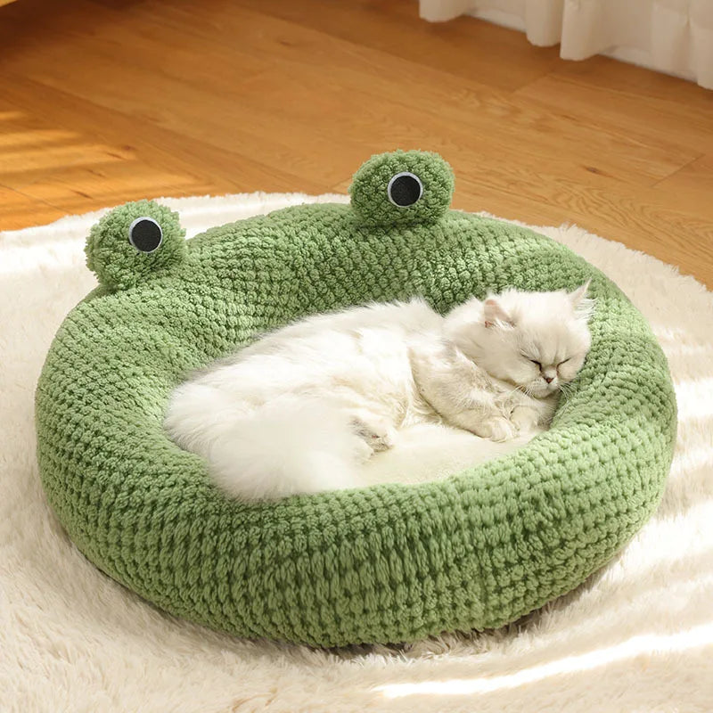 Haustierhöhle FroggiHome | Kuscheliges Frosch-Design | Halbgeschlossen & Rund | 40–50 cm | Für Katzen & kleine Hunde