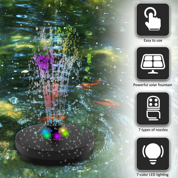 AquaLume Solar Spring | 3W Solarbrunnen mit LED Farbspiel | Bis 60 cm Fontänenhöhe | 7 Düsenaufsätze