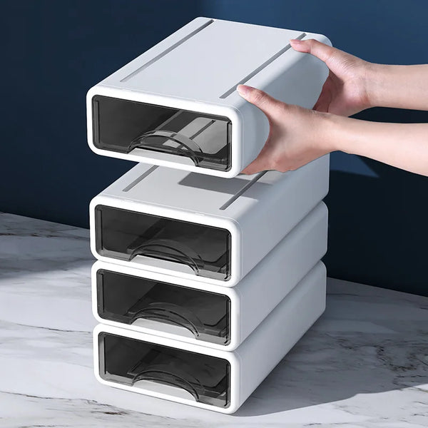 ClaryBox Aufbewahrungsbox mit Schublade | Stapelbar & Staubdicht | Für Büro, Kosmetik, Schmuck & Medizin | Weiß | Größe S/L