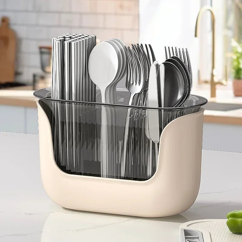 OrgaDish Besteckhalter mit Abtropfschale | 3 Fächer | Küchen-Organizer für Stäbchen & Besteck