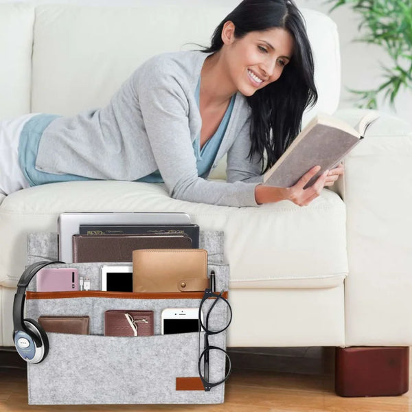 OrdiNest Filz-Bett-Organizer zum Einhängen | Praktische Aufbewahrung am Bett oder Sofa | Hängende Tasche für Tablet, Fernbedienung & Zubehör